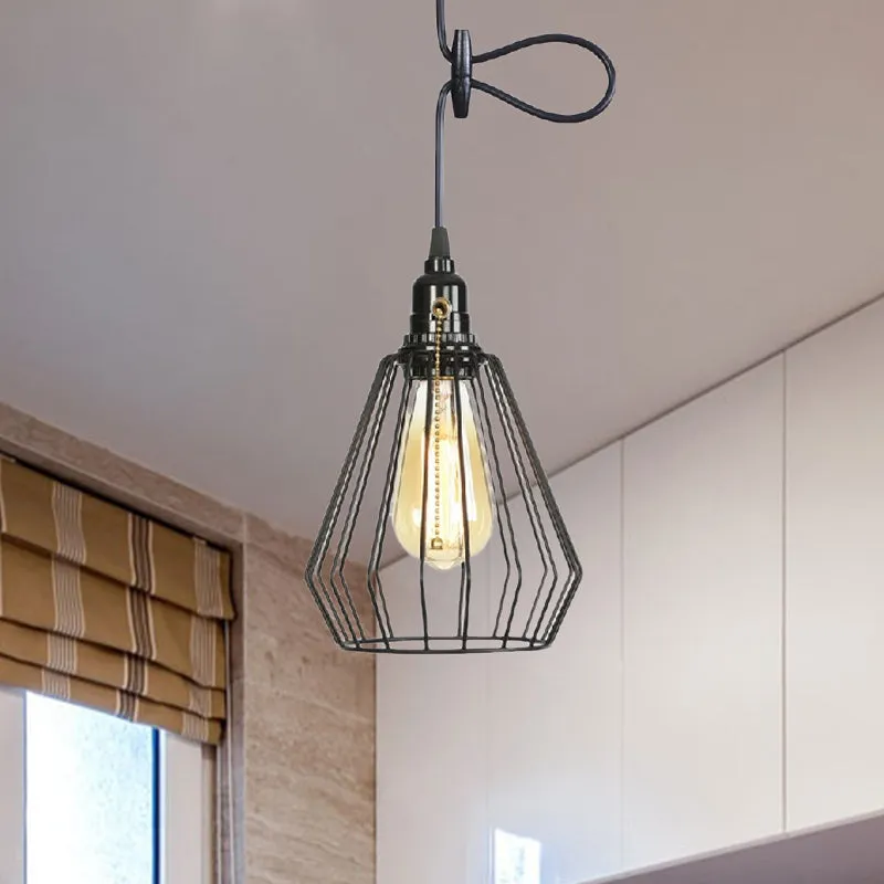 Zwart/messing 1 lamp plafondverlichting magazijnstijl metalen draadkooi schaduw hanglamp voor eettafel Clearhalo