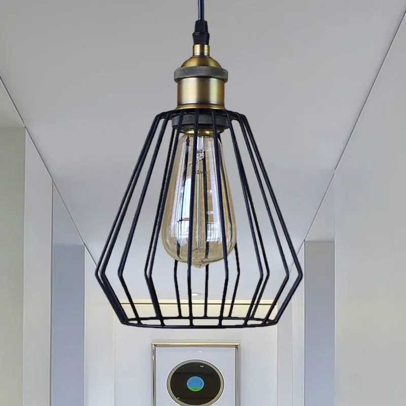 Zwart/messing 1 lamp plafondverlichting magazijnstijl metalen draadkooi schaduw hanglamp voor eettafel Clearhalo