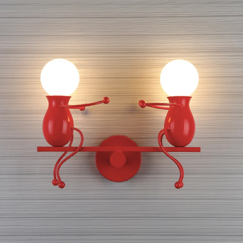 Zwart/Wit/Rood Kinderlijke wandmontagelamp voor kinderen, 2 koppen, metalen wandlamp met wiparm Clearhalo