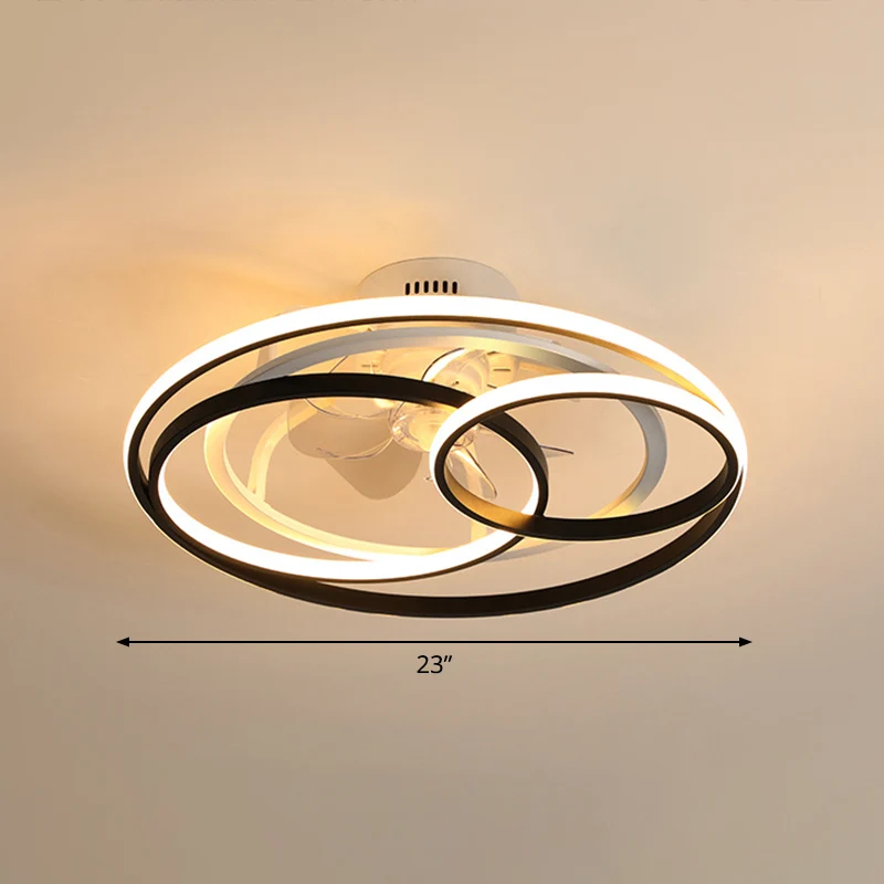 Zwart-witte lus semi-inbouwlamp, minimalistisch acryl, 7-bladige LED-plafondventilatorlamp met afstandsbediening Clearhalo