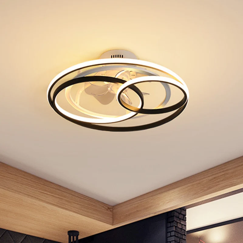 Zwart-witte lus semi-inbouwlamp, minimalistisch acryl, 7-bladige LED-plafondventilatorlamp met afstandsbediening Clearhalo