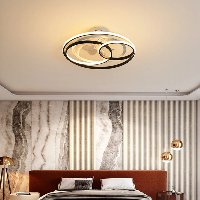 Zwart-witte lus semi-inbouwlamp, minimalistisch acryl, 7-bladige LED-plafondventilatorlamp met afstandsbediening Clearhalo