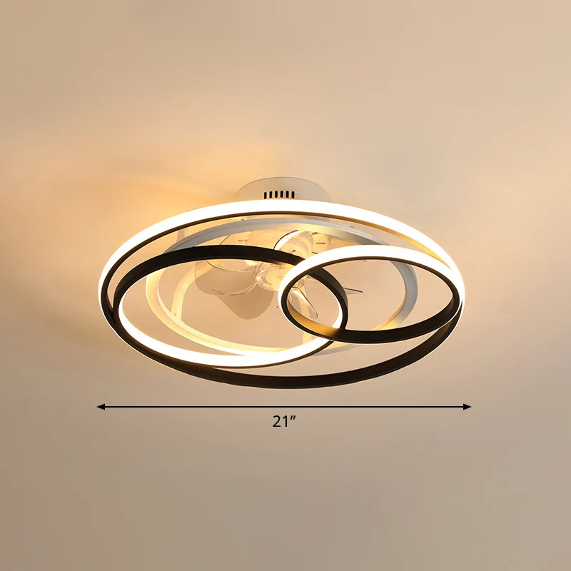 Zwart-witte lus semi-inbouwlamp, minimalistisch acryl, 7-bladige LED-plafondventilatorlamp met afstandsbediening Clearhalo