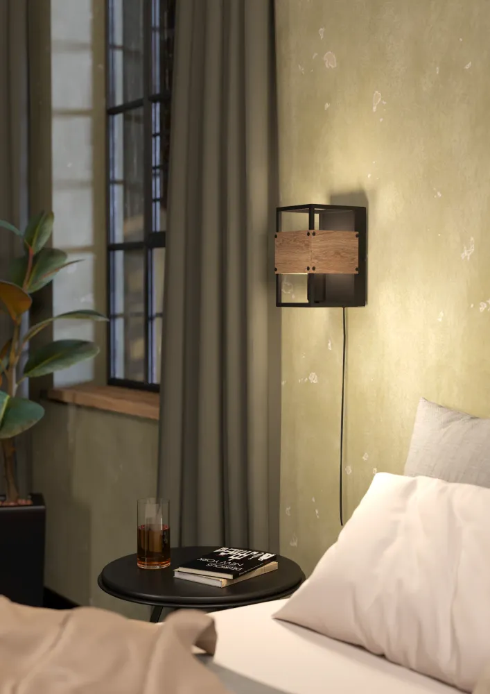 EGLO wandlamp Evesham - e27 - 24 cm - zwart/bruin - hout