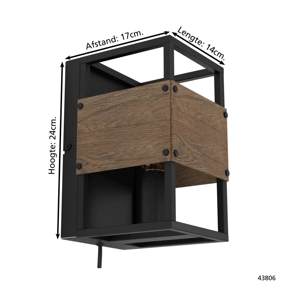 EGLO wandlamp Evesham - e27 - 24 cm - zwart/bruin - hout