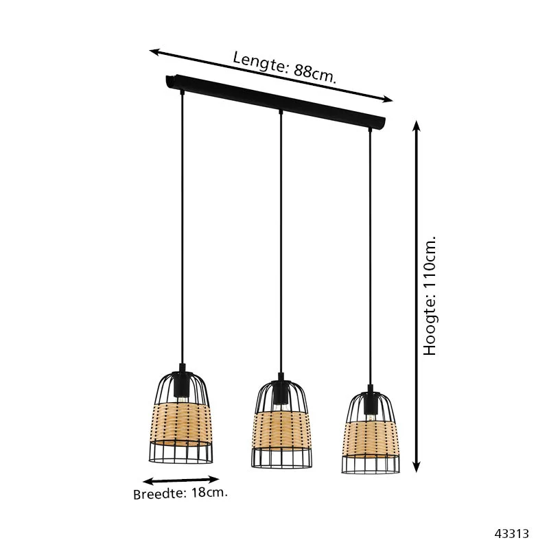 EGLO hanglamp Anwick - e27 - 88 cm - zwart/rotan