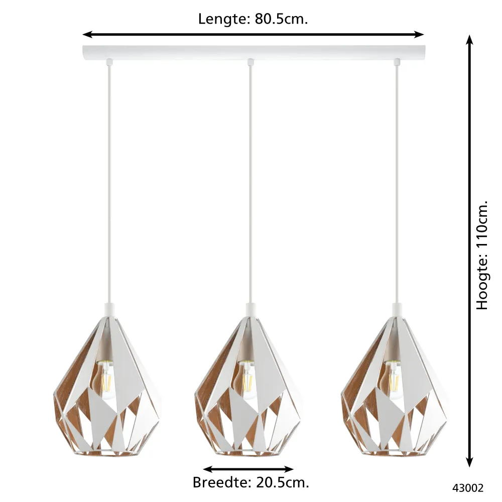 EGLO hanglamp Carlton 1 - 3 lichts - e27 - wit - goud