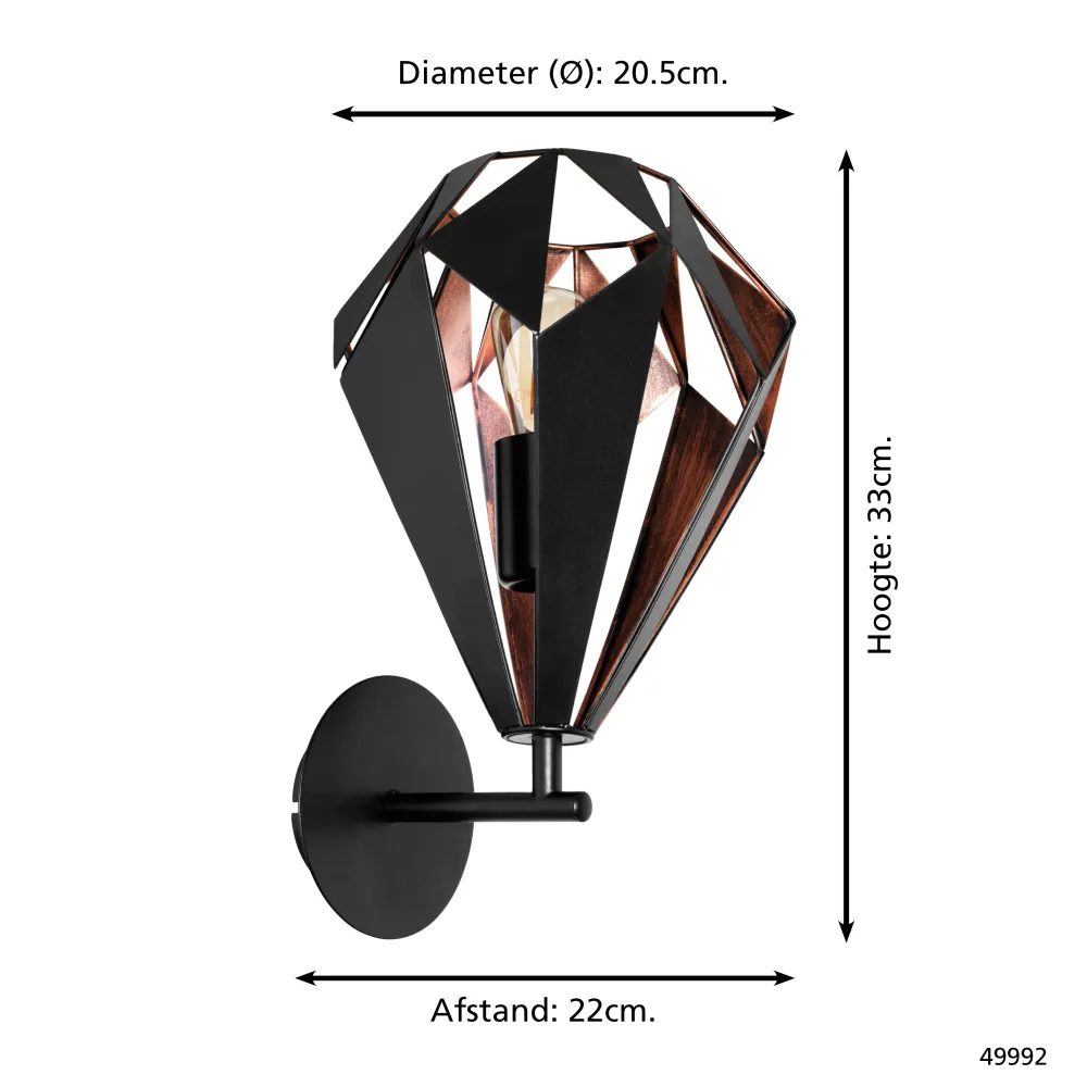 EGLO wandlamp Carlton 1 - e27 - 33 cm - zwart/koper