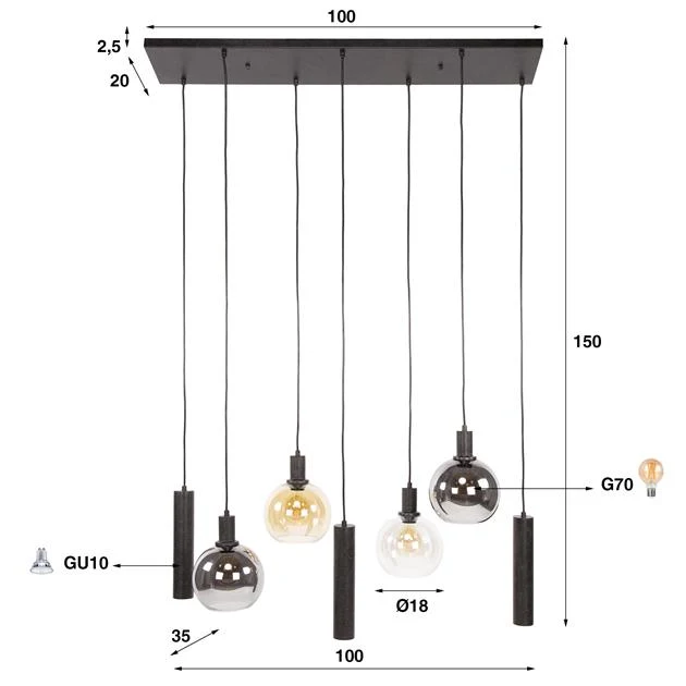 Giga Meubel Hanglamp Sfera Tricolore - Zwart - 7-Lichts - 110x40x150cm
