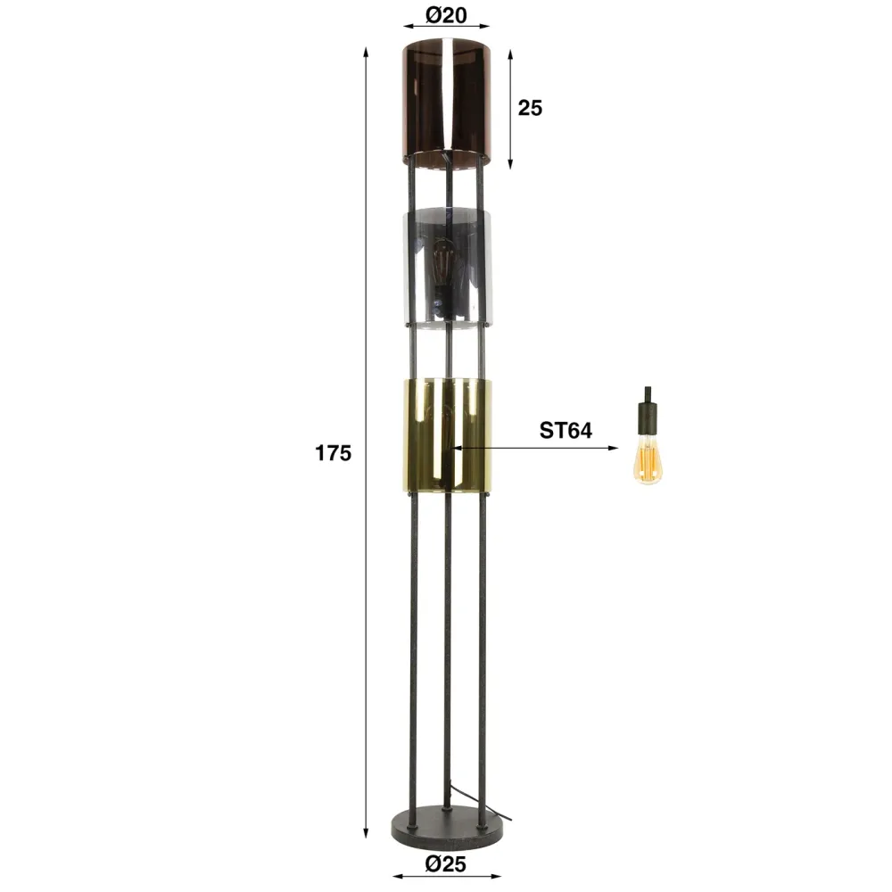Giga Meubel Vloerlamp Patch Cylinder - Brons Antiek - 3-Lichts - 30x30x135cm