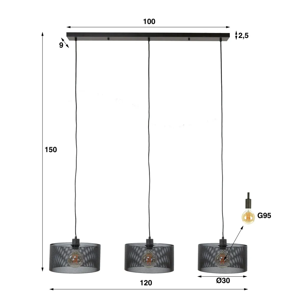 Hanglamp Dario - 3-lichts - Zwart - Mesh Hanglampen