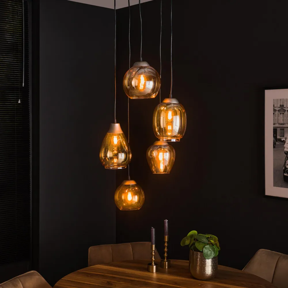 Hanglamp Navi - 5-lichts - Amberkleurig - Glas Hanglampen