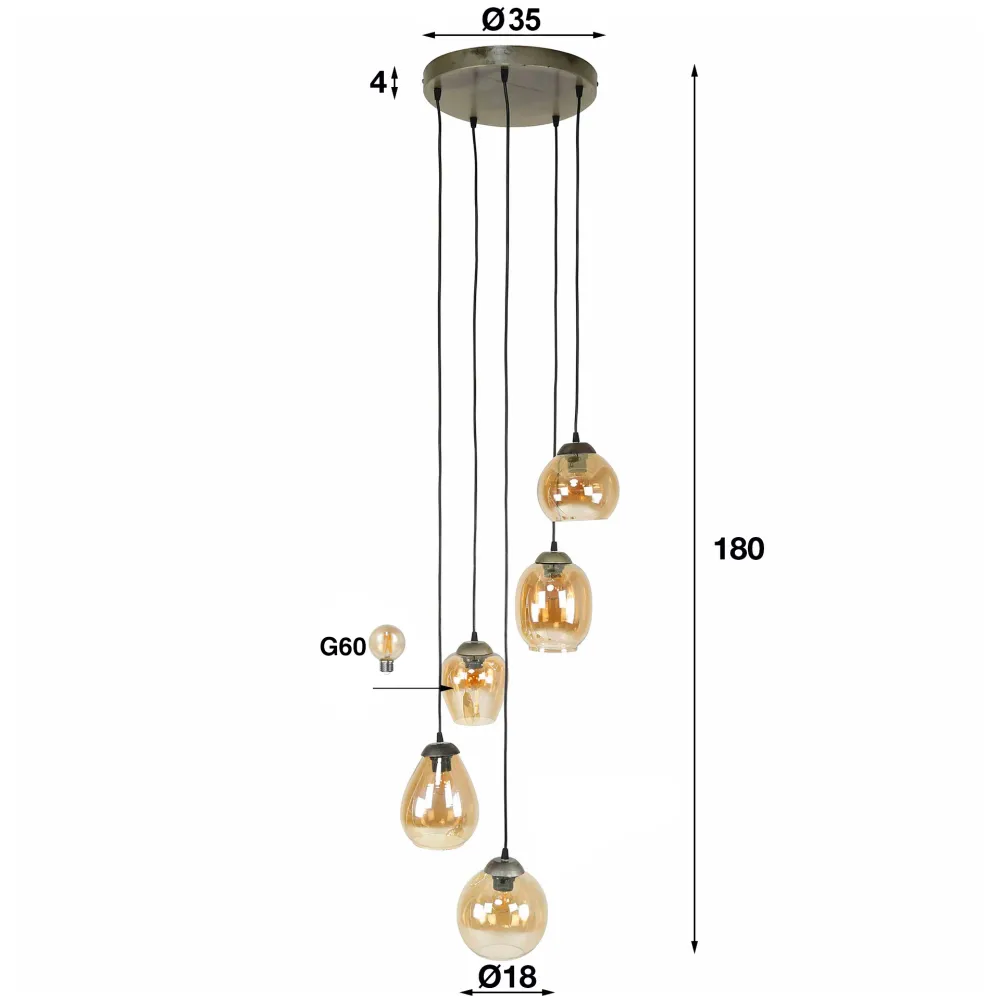 Hanglamp Navi - 5-lichts - Amberkleurig - Glas Hanglampen