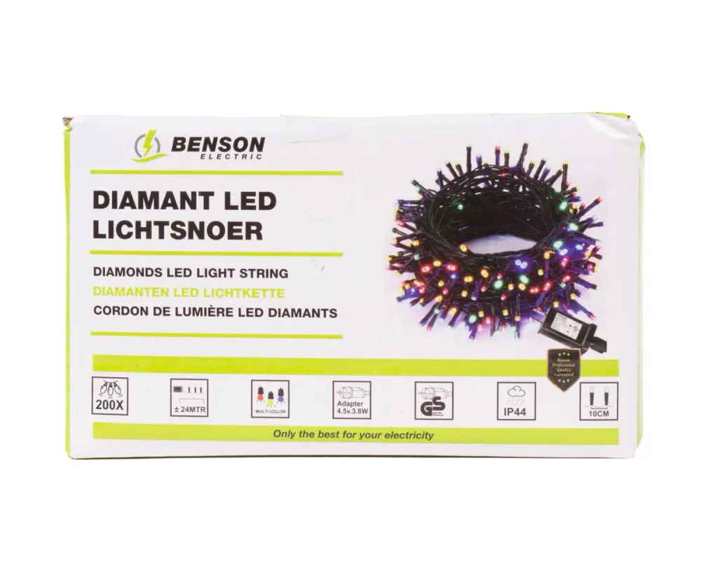 LED Diamant Lichtsnoer 24m, 200 LED's, IP44, Binnen/Buiten Gebruik