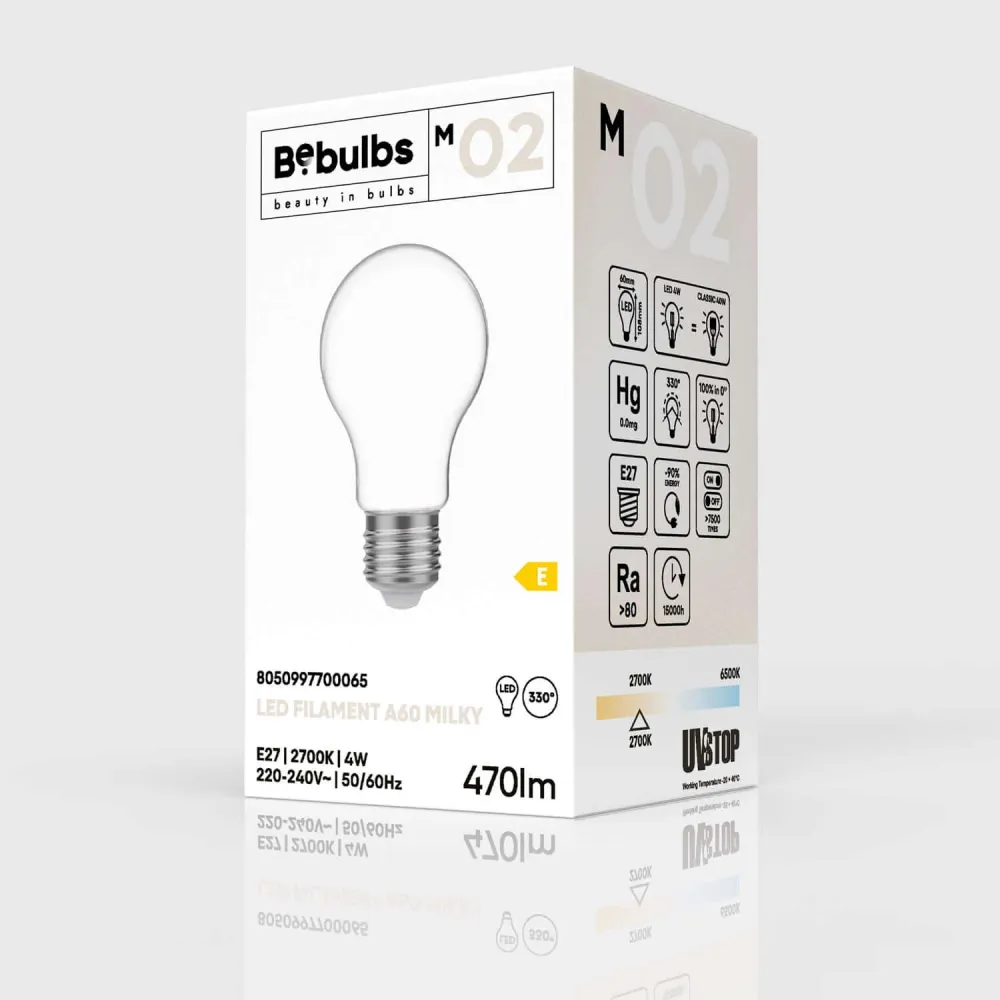 Lichtbron LED Milky Druppel A60 4W 470Lm E27 2700K - M02