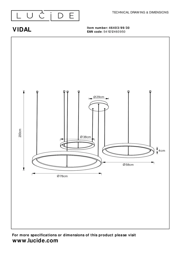Hanglamp Vidal | 3 Lampen | Ø 78 cm | Zwart Lucide