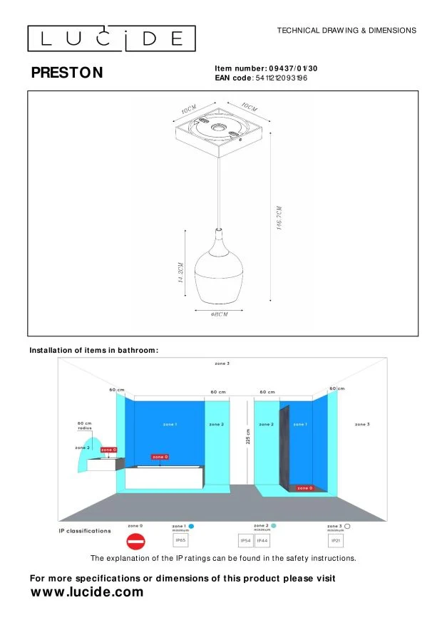 Lucide hanglamp badkamer PRESTON - 1xGU10 - Zwart