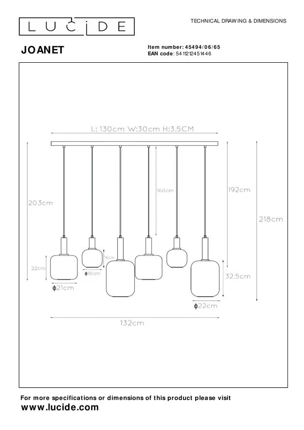 Lucide hanglamp JOANET - 6xE27 - Fumé