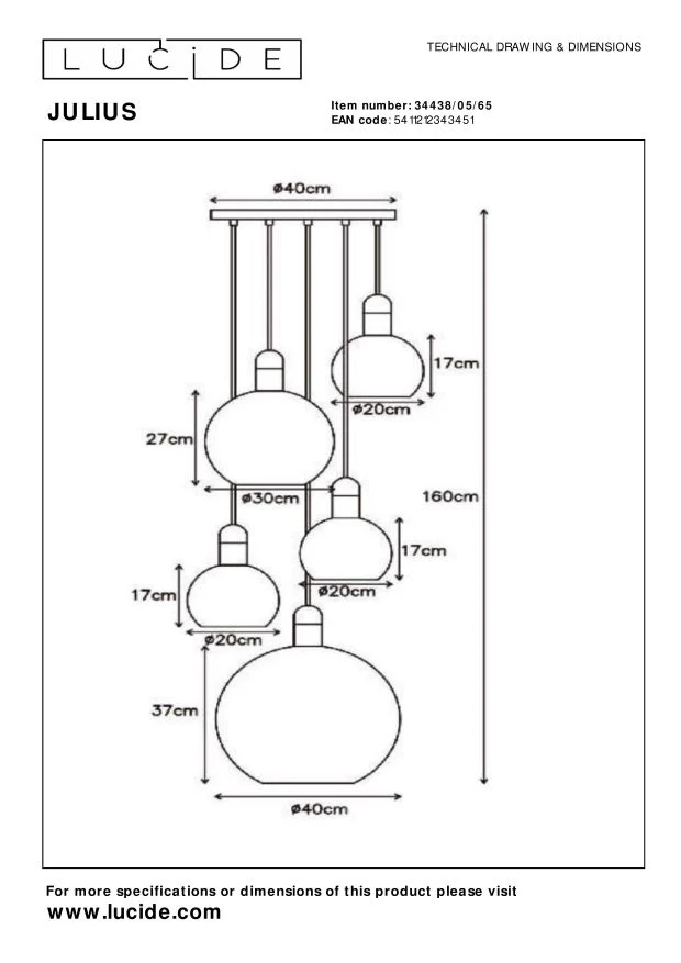 Lucide hanglamp JULIUS - 5xE27 - Fumé