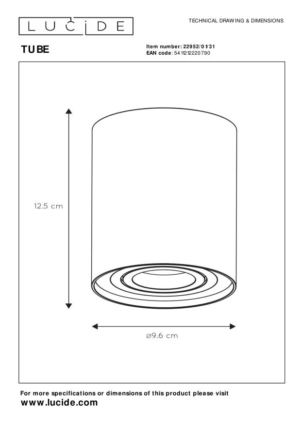 Lucide plafondspot TUBE - 1xGU10 - Wit