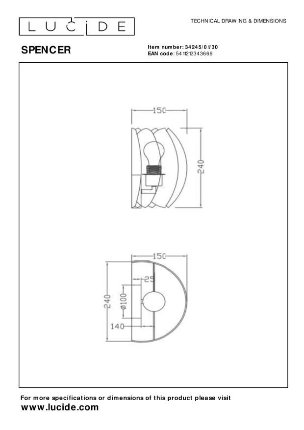 Lucide wandlamp SPENCER - 1xE27 - Zwart