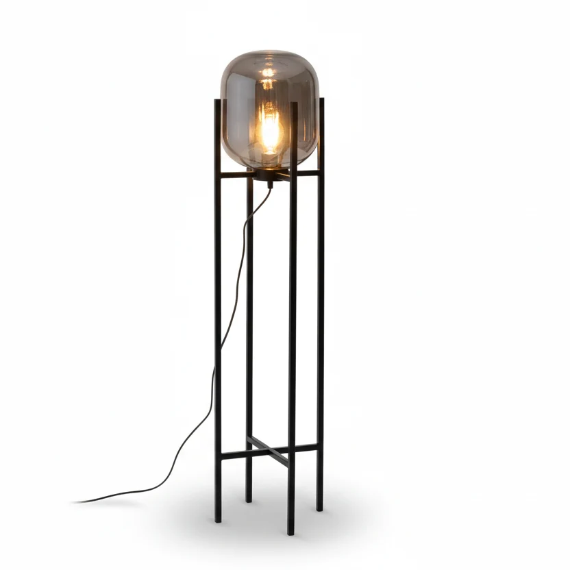 Vloerlamp Bas met smoke glas en zwart metalen poten LumenXLpro
