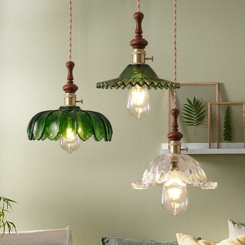 Franse Hanglamp met Houten Detail – Glas & Metaal – 1-licht, 4 Stijlen Lumio