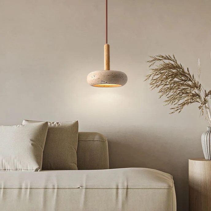 Japanse Hanglamp – Geel Travertin met Houten Accent en Geïntegreerde LED Lumio