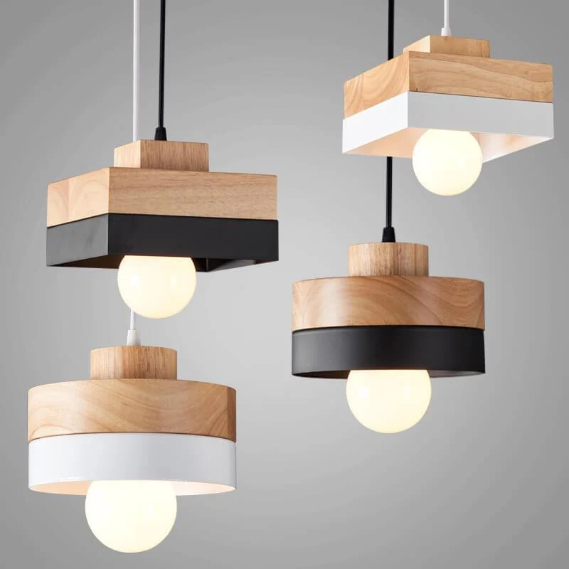Moderne Hanglamp van Metaal en Hout – Zwart Wit met Verstelbaar Snoer Rond Lumio