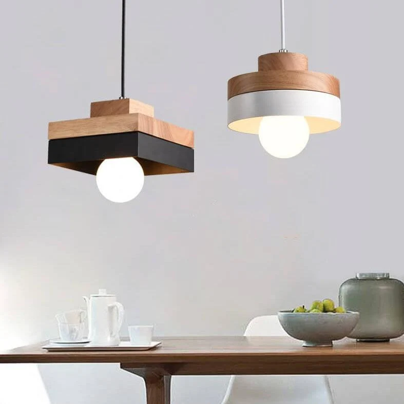 Moderne Hanglamp van Metaal en Hout – Zwart Wit met Verstelbaar Snoer Rond Lumio