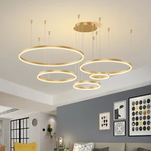 LuxiLamps - 5 Ringen - Hanglamp - Kroonluchter - Modern - Goud - Dimbaar Met Afstandsbediening