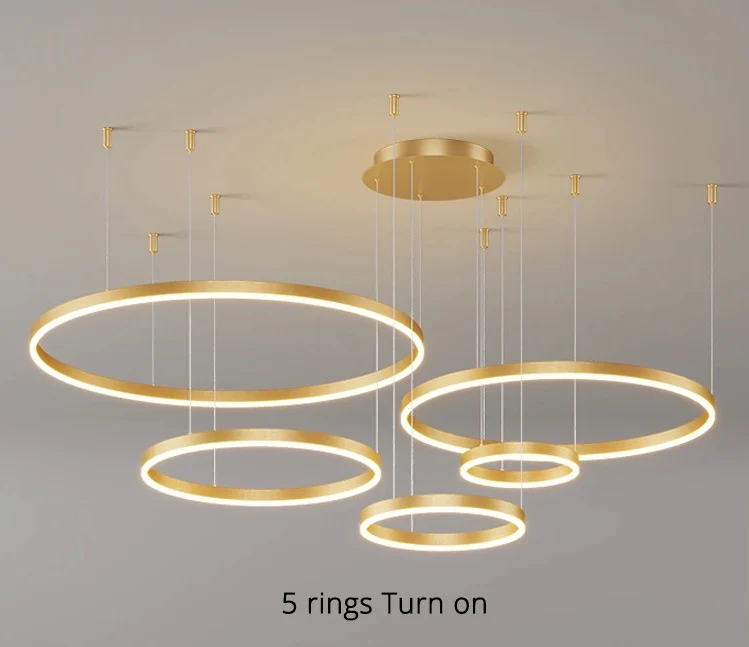 LuxiLamps - 5 Ringen - Hanglamp - Kroonluchter - Modern - Goud - Dimbaar Met Afstandsbediening