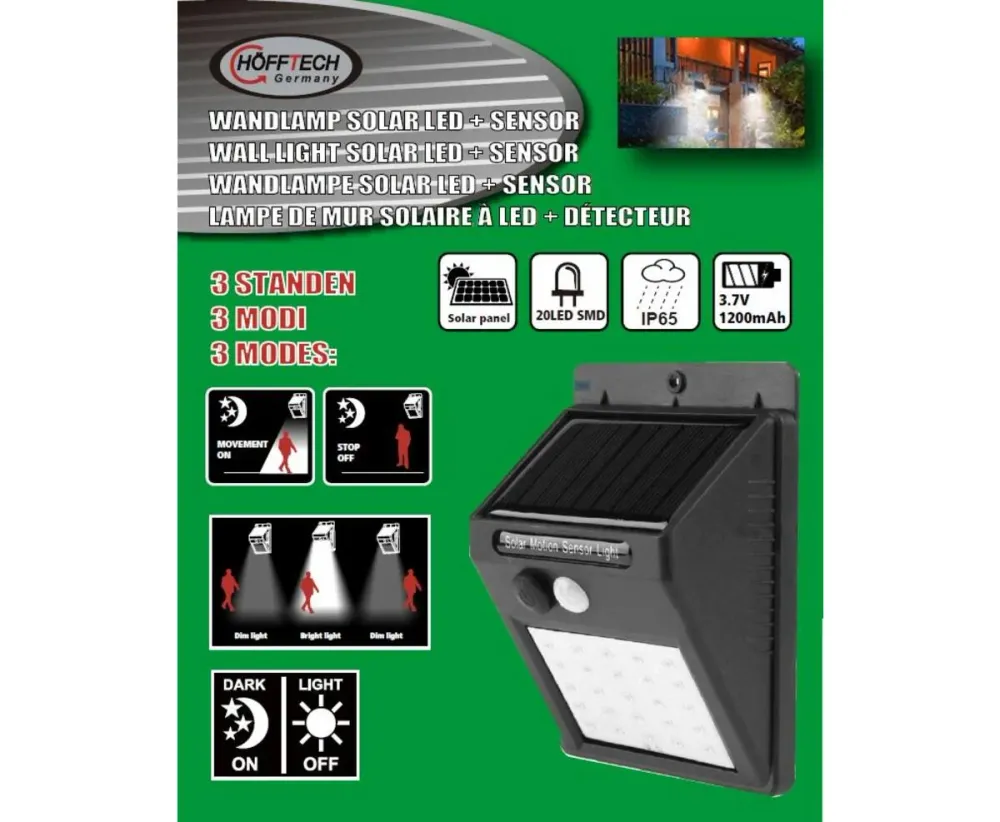 Solar LED Wandlamp met PIR Sensor, IP65, Buitenverlichting, 3.7V Li-Battery NN 2
