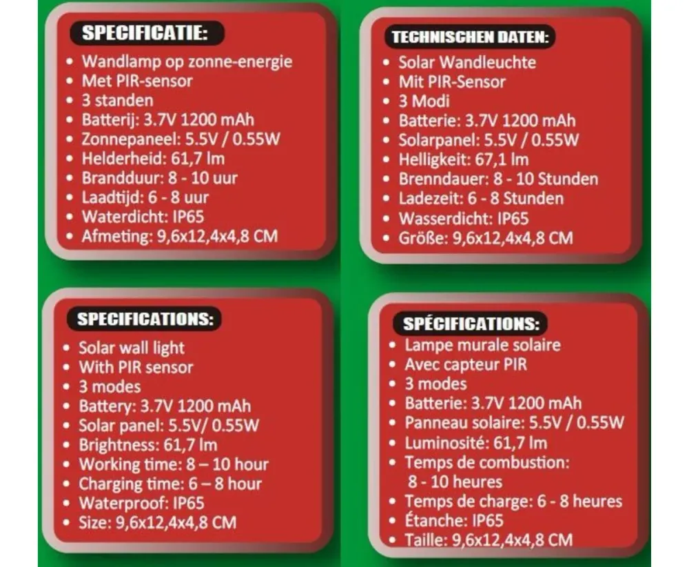 Solar LED Wandlamp met PIR Sensor, IP65, Buitenverlichting, 3.7V Li-Battery NN 2