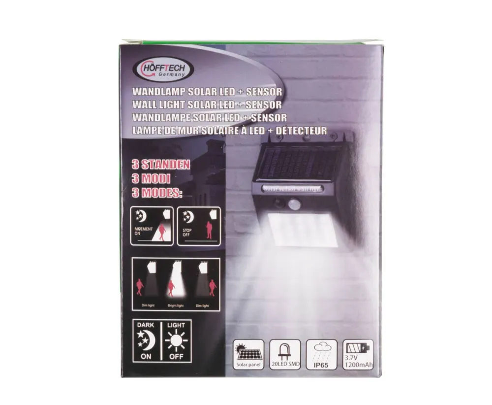 Solar LED Wandlamp met PIR Sensor, IP65, Buitenverlichting, 3.7V Li-Battery NN 2