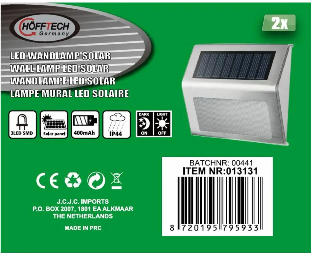 Solar LED Wandlamp RVS 1.2V 400mAh, 2 dlg, ideaal voor buitenverlichting
