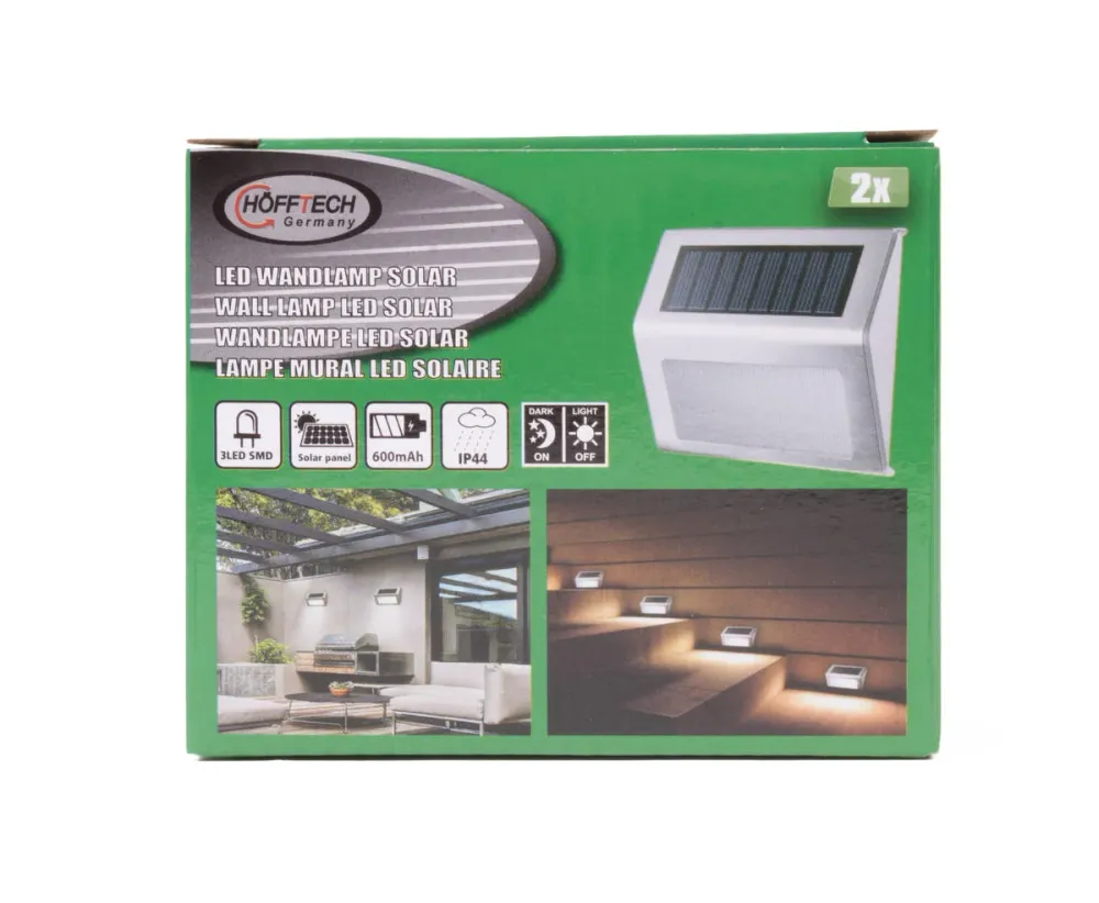 Solar LED Wandlamp RVS 1.2V 400mAh, 2 dlg, ideaal voor buitenverlichting
