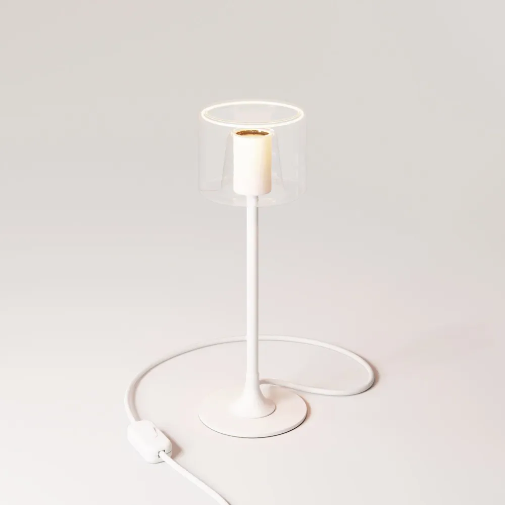 Tafellamp MAG-Y met ronde metalen voet en transparante Ghost lichtbron – Mat wit