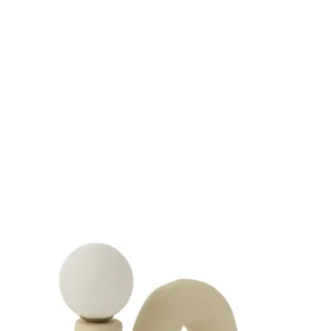 Tafellamp met gebonden voet, glazen bol en steengoed beige.