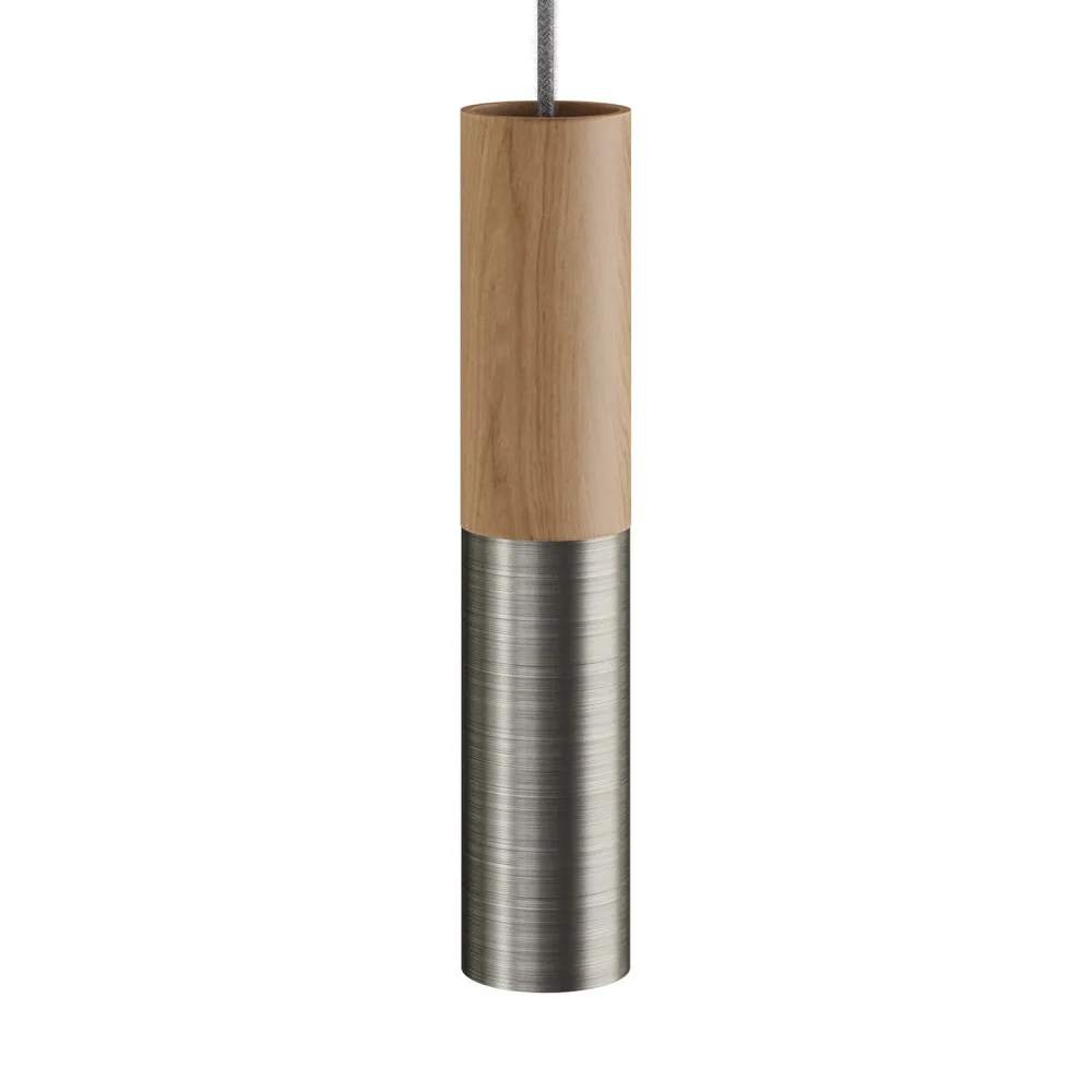 Tub-E14, buis van hout en metaal voor spot met dubbele fitting E14 - Neutraal en gesatineerd titanium