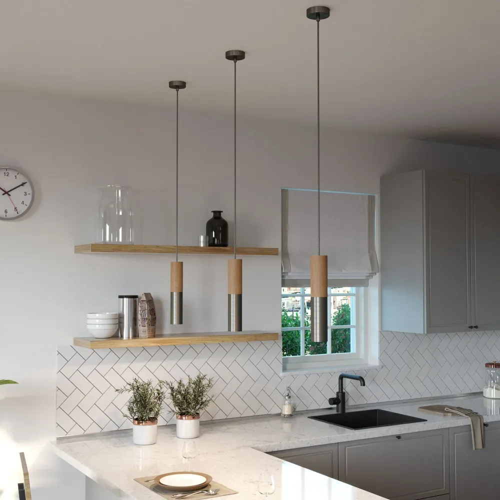 Tub-E14, buis van hout en metaal voor spot met dubbele fitting E14 - Neutraal en gesatineerd titanium
