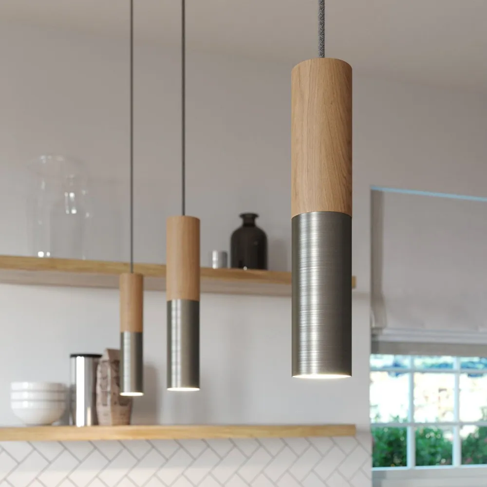 Tub-E14, buis van hout en metaal voor spot met dubbele fitting E14 - Neutraal en gesatineerd titanium