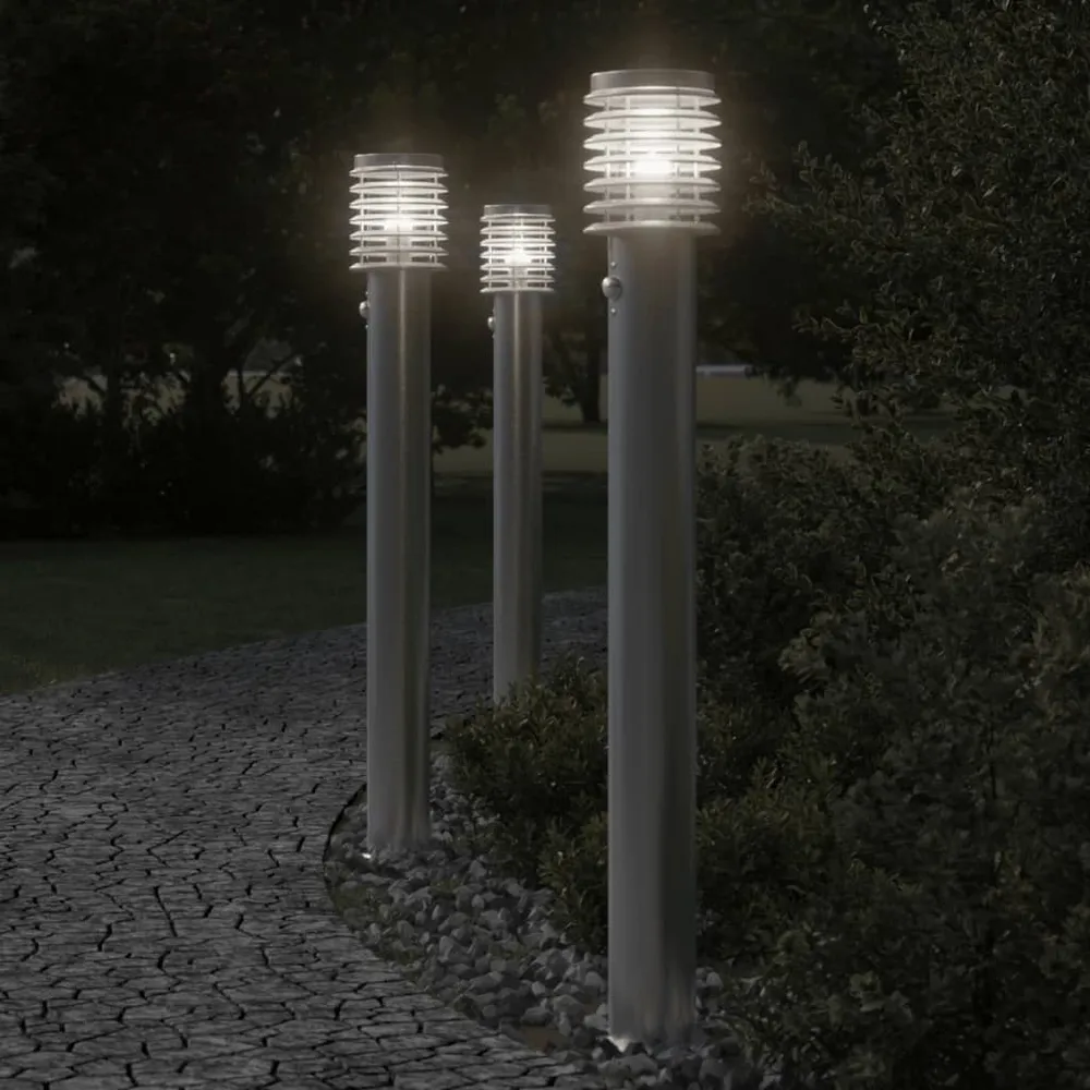 Buitenvloerlampen 3 st met sensors 110 cm roestvrijstaal zilver vidaXL