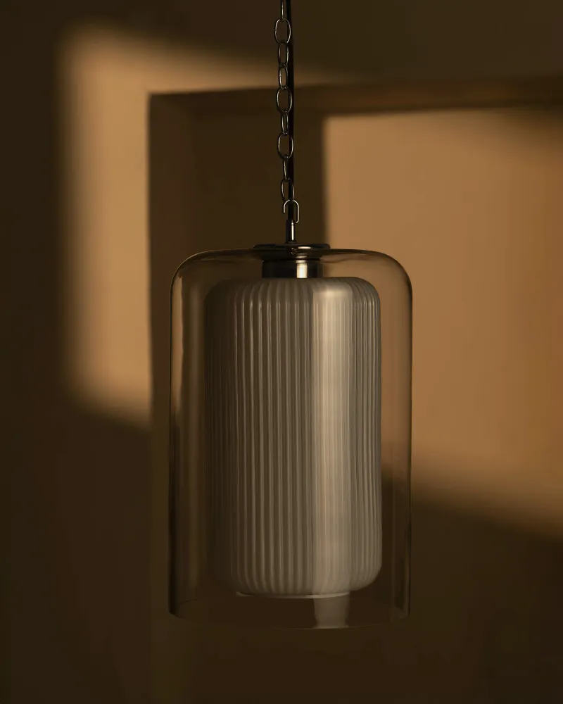 Windsor Grote Hanglamp Geribbeld Glas - Gepolijst Nikkel