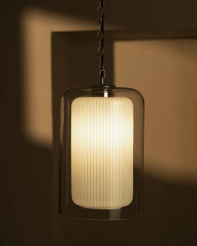 Windsor Grote Hanglamp Geribbeld Glas - Gepolijst Nikkel