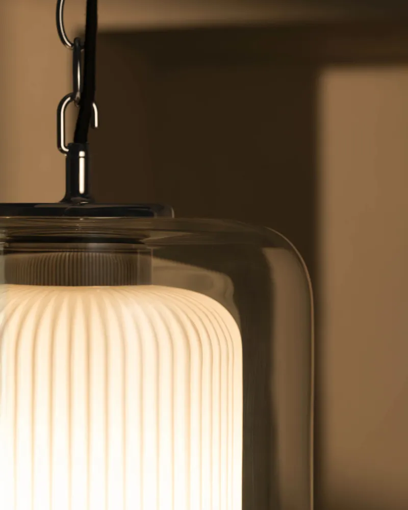 Windsor Grote Hanglamp Geribbeld Glas - Gepolijst Nikkel