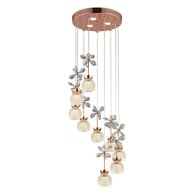 Bloementrap Multi-licht hanger Kristal Moderne LED-hangverlichting met koepelschaduw roségoud voor Binnen en Buiten