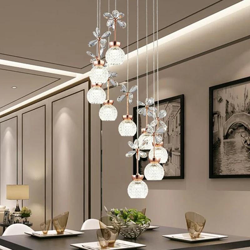 Bloementrap Multi-licht hanger Kristal Moderne LED-hangverlichting met koepelschaduw roségoud voor Binnen en Buiten