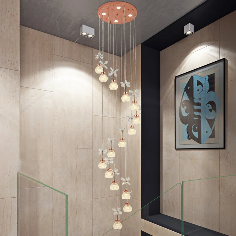 Bloementrap Multi-licht hanger Kristal Moderne LED-hangverlichting met koepelschaduw roségoud voor Binnen en Buiten