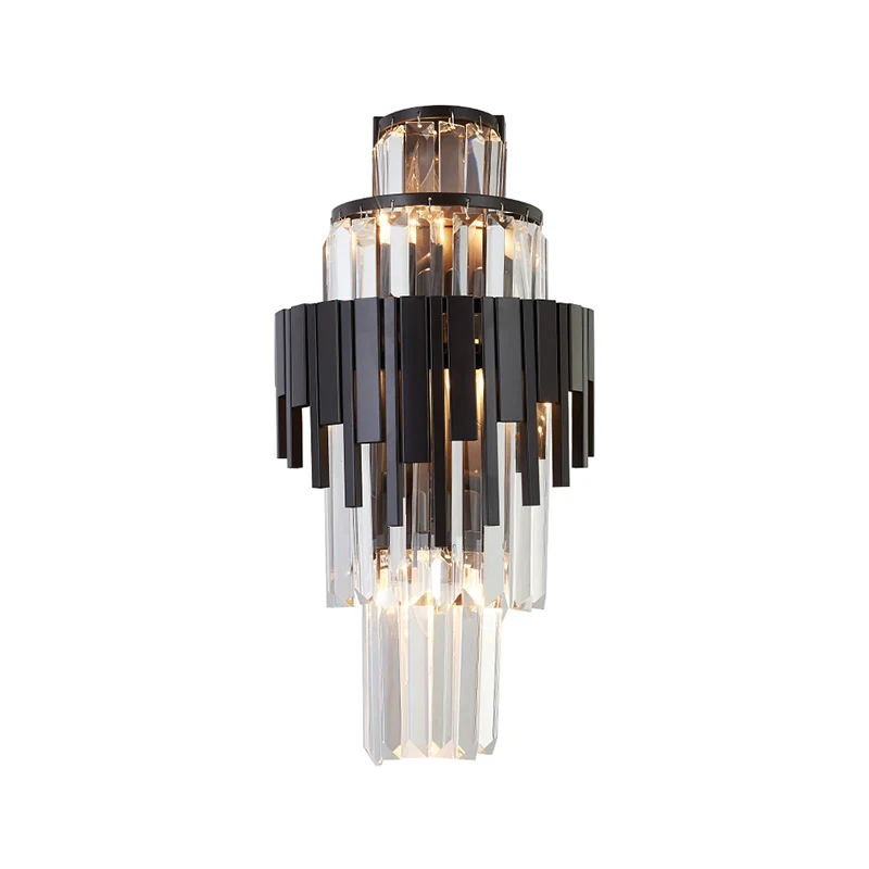 Gelaagde schans verlichtingsarmatuur moderne stijl stralend kristal en metaal 3 koppen zwarte wandlamp, 14"/19,5" hoogte